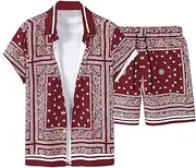 [RoseSeek] Men's 2 Piece Outfits Paisley Print Short Sleeve Button Down Shirts and Drawstring Shorts Set