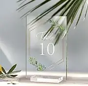 AerWo Acrylic Wedding Table Numbers 1-10 with Stands, 4x6 inches Clear Sign Place Cards with Gold Trim Green Floral Theme, Rustic Table Numbers for Wedding Reception Anniversary Baby Bridal Shower