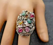 Renaissance Style Ring Sterling Silver Mix Sapphires Hand-sculpted Chic Crafts