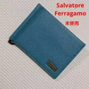 Authentic Salvatore Ferragamo Blue Leather Bifold Wallet Money Clip Unused ,taly