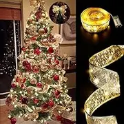 GIHOO Christmas Tree Decorations String Lights 32ft 100 LED Lights Copper Wire Ribbon Bows Lights for Party Weddings Holiday Christmas Tree Decorations (Gold Warm Light Battery Powered) (Golden)