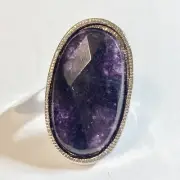 Vintage Purple Amethyst Cocktail Ring Chunky Oval Stone Silver Plated Size 7