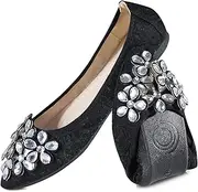 [YOUNIFIZ] Women's Elastic Foldable Portable Pumps Sparkly Rhinestones Ballet Ballerina Slip On Flats Dolly Shoes