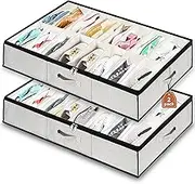 Shoe Storage Organizer Under Bed, Extra Large Shoe Container with Clear Cover & Zippers, 2 Pack Fits 32 Pairs, Breathable Fabric Underbed Storage Solution for Sneakers, Slippers, Closet, Durable, Grey