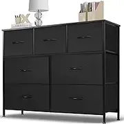 Dresser for Bedroom, 7 Storage Drawers, Anti-Tip Wide Fabric Closet Chests Organizer Tower Furniture, TV Stand for TV up to 45 inch with Wooden Top Metal Frame for Clothes, Kids Room, Living Room