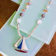 Silver Plated and Enamel Leather Corded Sailboat Necklace