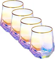 [YUHANOER] Wine Glasses Set of 4,Diamond Stemless Wine Glasses - Iridescent Glassware with Gold Rim, for Spirits,Cocktails,Whisky,Bourbon or Drinking Glasses,wine gifts