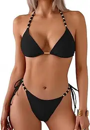 [Fanuerg] Women's Triangle Bikini Sets Sexy Halter String Two Piece Swimsuit Beads Tie Side Bathing Suit