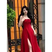 Spaghetti Strap Square Neck Plain Slit Midi A-Line Dress Red - L