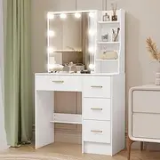 Vanity Desk with Mirror and Lights,Small Dressing Table with 4 Drawers, 3 Lighting Colors, Dressing Table for Women Girls Bedroom, White