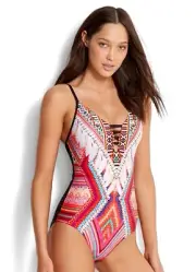 NWT $138 US 10 Seafolly Desert Tribe One Piece Flame Red