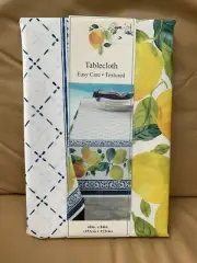 60”x 84” Rectangular Fabric Tablecloth ~ Blue Lattice w/Lemons Print ~ Polyester