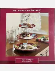 ST. NICHOLAS SQUARE HAND PAINTED 3-TIER CAKE DESSERT SERVER YULETIDE CHRISTMAS