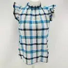 NEW a.n.a Top Size XS Womens White Blue Plaid Short Sleeve Mock Neck Blouse