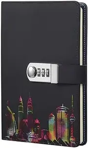 ToiM Nightscape Theme PU Leather Journal Writing Notebook Fashion Daily Notepad with Combination Lock, A5 Size Password Diary (Black)