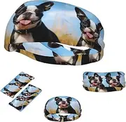 FJWSLCH Lovely Boston Terrier Headbands for Women Men Non Slip Workout Sweatbands Adjustable Sports Hair Bands Elastic Head Bands Moisture Wicking Hairband for Running, Cycling, Yoga, Spa