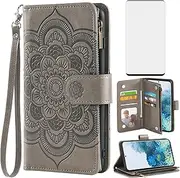 [Asuwish] Compatible with Samsung Galaxy S20 Plus Glaxay S20+ 5G Wallet Case and Tempered Glass Screen Protector Flip Card Holder Cell Phone Cover for Gaxaly S20+5G S20plus 20S + S 20 20+ G5 Women Grey