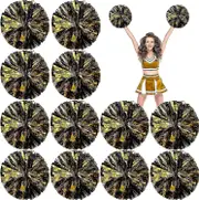 24 Pack Metallic Cheerleading Pom Pom 12 Inch Cheerleader Pom Poms With Baton Black and Gold