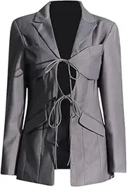 [Bciopll] Women Solid Hollow Out Patchwork Lace Up Blazer Notched Collar Long Sleeve Spliced Suit Jacket