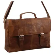 Pierre Cardin Rustic Leather Flap over Computer Bag/Satchel - Cognac