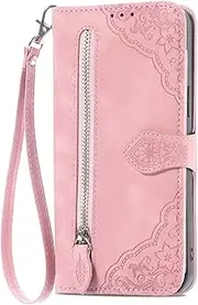 Flip Wallet Case for iPhone 12/12 Pro Case,Leather Floral Flower Card Slots Holder Kickstand Zipper Pocket Magnetic Folio PU Shockproof Cover for iPhone 12/12 Pro-Pink