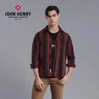 在飛比找momo購物網優惠-【JOHN HENRY】經典口袋格紋長袖襯衫-紅色