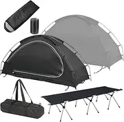Foldable Camping Tent for Elevated Single Person to Use with Removable Camping Bed and Sleeping Vags for Outdoor Hiking