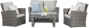 Wisteria Lane 4 Piece Outdoor Patio Furniture Sets, Wicker Conversation Set for Porch Deck, Gray Rattan Sofa Chair with Cushion