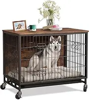 27.2" Dog Crate Furniture - Kennel Table with Wheels, Rustic Pet Cage for Small Dogs, Brown & Black