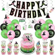 38PCS Wicked Party Decorations Birthday Party Supplies Set with Pink and Green Happy Birthday Banners Hanging Swirls Cake Topper Cupcake Toppers and Cute Balloons for Party Decorations