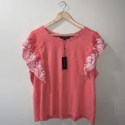 Tommy Hilfiger Women's 2XL Shirt Pink Coral Crew Neck Flutter Sleeve $70 Spring