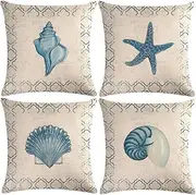 7COLORROOM 4Pack Vintage Sea Theme Pillow Covers Coastal Beach with Couch &Starfish& Shell Cushion Cover Navigation Sailing Cotton Linen Decorative Pillowcases 18”×18” for Sofa Couch Porch (Shell)