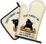 DYJYBMY That's What I Do I Cook and I Know Things Funny Oven Mitts and Pot Holder Set for Baking Cooking, Cat Lover Gifts, Humor Cooking Birthday Housewarming Gifts for Women Men Friend Animal Lover