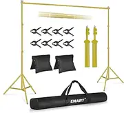 EMART Backdrop Stand, 10x7ft/3x2m Adjustable Background Support Kit with 2 Crossbars, 8 Clamps, 2 Sandbags and Carrying Bag for Photo Video Studio Parties Events Decoration -Gold