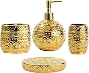 Bathroom Accessory Set Complete, Luxury Embossing Bath Accessories Home 4 Piece Bath Accessory Sets with Gold Soap Dispenser, Toothbrush Holder, Tooth Mug and Soap Dish.Golden Christmas Decorations