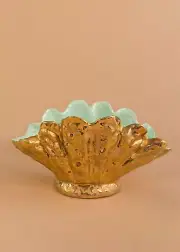 Gold Clam Shell Bowl with Teal Interior