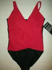 MIRACLESUIT One Piece RED & BLACK Color-Block Megan V Neck Swimsuit, Size 10