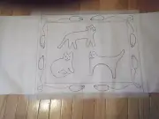 Prim cats and mice rug hooking pattern on gridded trace fabric, backing ready
