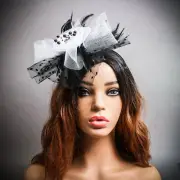 Fascinator Feathers Dot White Black Mesh Races Woman Headband Tea Party Dress UP