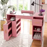 Advwin Manicure Table Nail Tech Desk with Dust Collector Glass Top Drawers Shelves Storage Lockable Wheels Pink