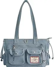 [True Religion] Tote Bag, Women's Multi-Pocket Faux Leather Handbag with Adjustable Shoulder Strap, Denim, Denim