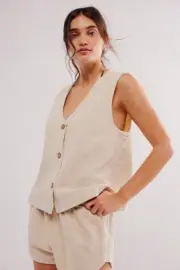 Free People So Fresh Vest Set Button Sleeveless V Neck Drawstring Short L NEW
