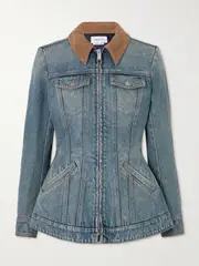 [MCQUEEN] MCQUEEN - Corduroy-trimmed Denim Peplum Jacket - Indigo - IT38 IT 38 Blue