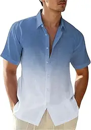 [BLYLUXU] Men's Gradient Linen Shirts Short Sleeve Button Down Shirt Hawaiian Summer Beach Casual T Shirts