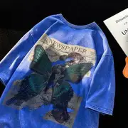 Short-Sleeve Crew Neck Butterfly Print Tee Blue - L