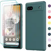 [LeYi] for Google Pixel 6A Case: Pixel 6A Case wtih [2 Pack] Tempered Glass Screen Protector, Liquid Silicone Soft Microfiber Liner Cover Case for Google Pixel 6A, Green