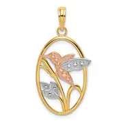14k Two-tone Gold with White Rhodium Hummingbird and Flowers In Oval Frame Charm