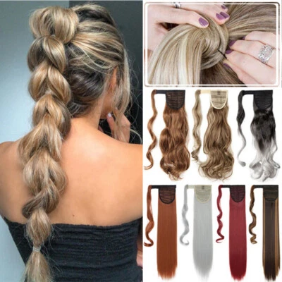 14"-32" Thick As Human Wrap On Ponytail Hair Extensions Long Straight Curly Wave