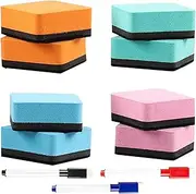 8 Pack Mini Dry Erase Erasers with 3 Pcs Magnetic Dry Erase Markers, Magnetic Whiteboard Dry Eraser Chalkboard Cleansers for Classroom, Home and Office (4-Color, 2 x 2 Inch)