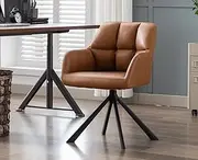 Comfy Leather Desk Chair Modern Computer Task Chair no Wheels Swivel Accent Chair with Mid Back Arm Chair for Living Room/Bedroom/Home Office, PU Brown